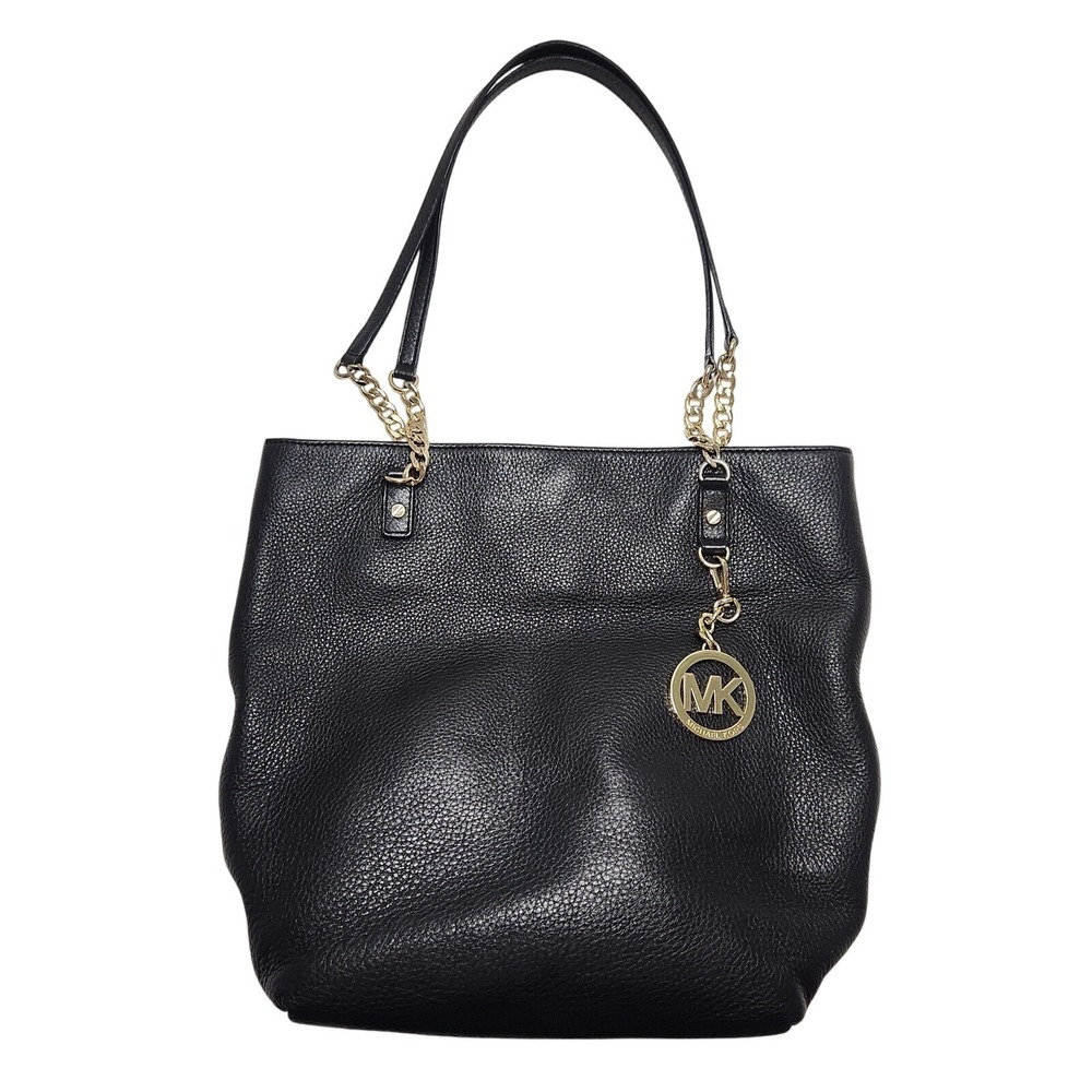 Michael Kors Tote Bag Black Leather Shoulder Bag Chain Detail Charm w Dust Cover - Picture 1 of 9